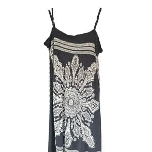 Shoreline Maxi Dress Black White Mandala Print Smocked Bodice Straps 1x